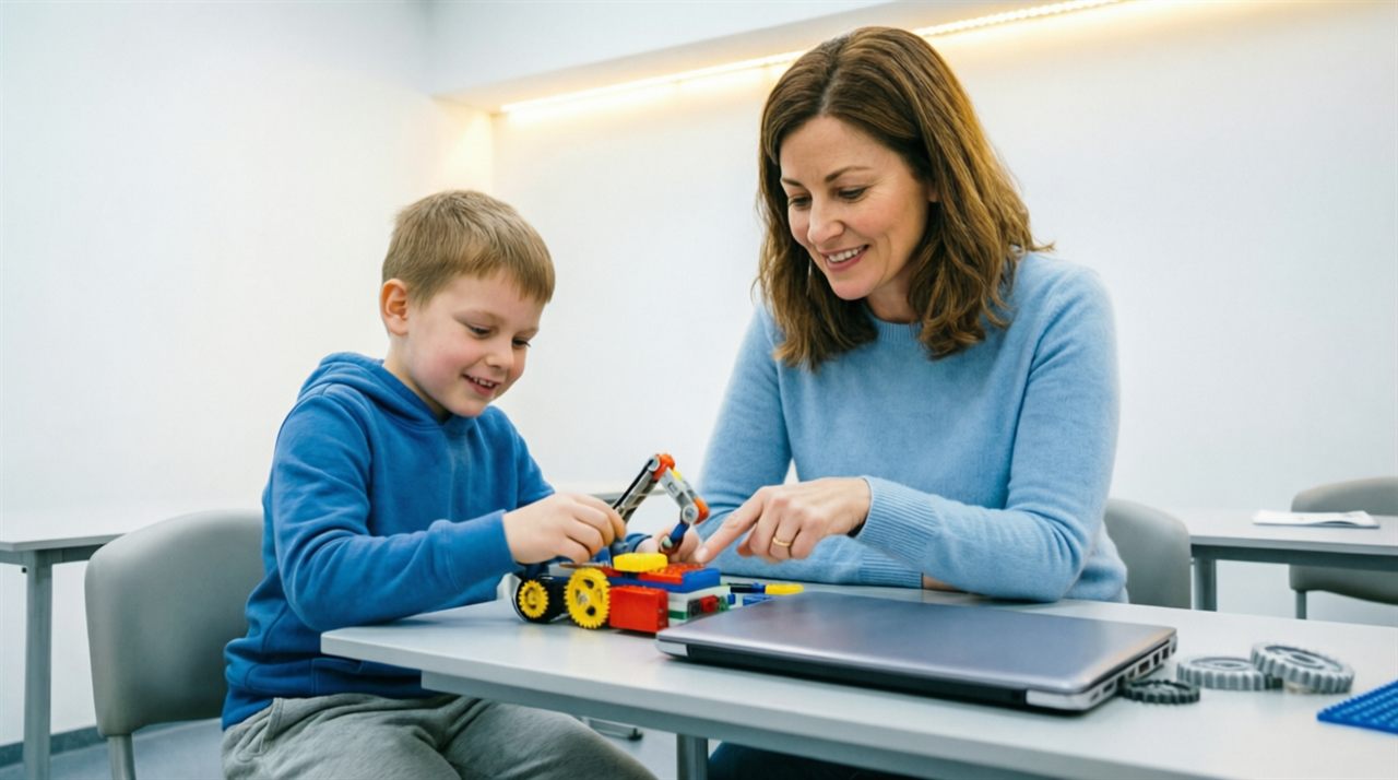 Наставница помогает ребёнку собирать робота из LEGO WeDo на занятии